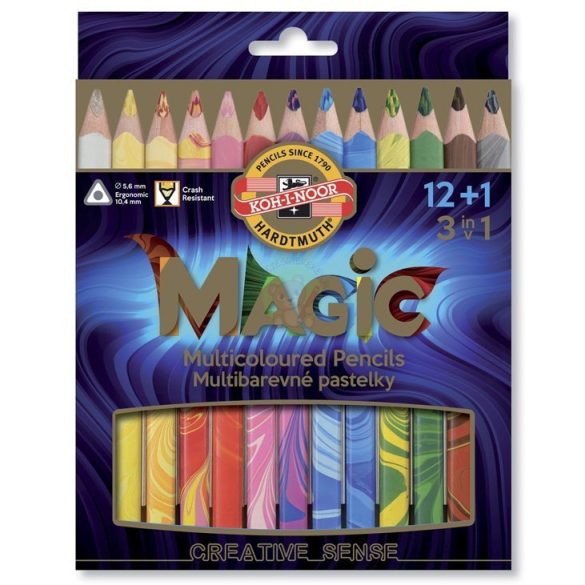 Színes ceruza készlet Magic, háromszögletű, vastag ceruzatest, 12+1db/készlet, KOH-I-NOOR