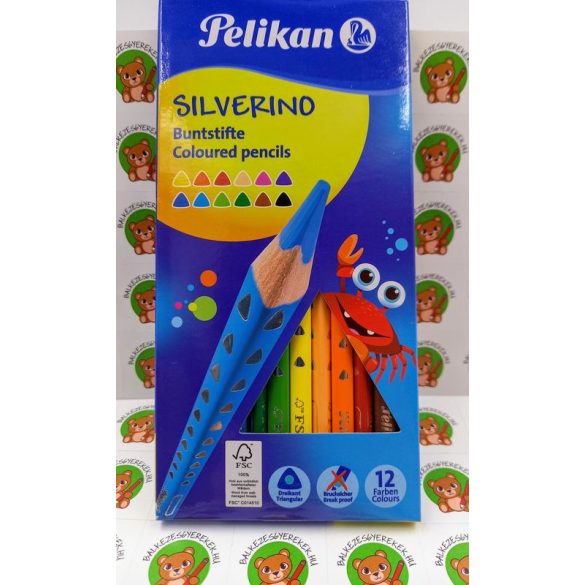 Színes ceruza készlet, 12 darabos, vékony-háromszögletű ceruzatest, Silveriono Pelikán 
